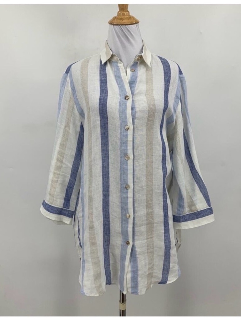 Zanetti Shirt Womens XL Extra Large Multi Linen Button Up Striped Hi Low Hem